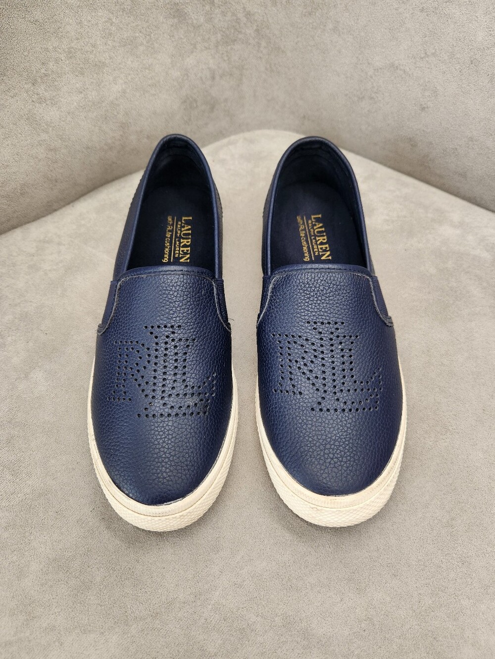 Ralph Lauren RLL Loafers 7 Navy Blue Leather Jarrett Logo SlipOn Preppy Nautical